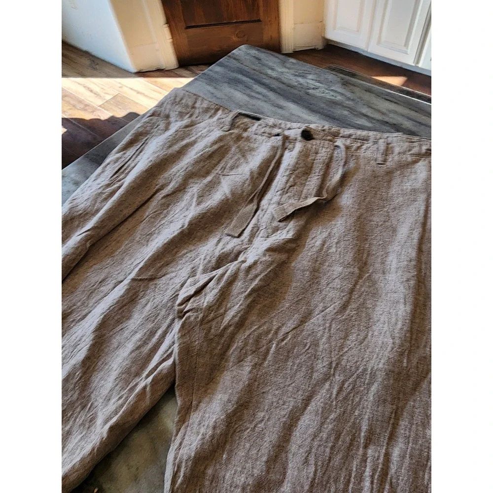 Perry Ellis Mens Tan Linen Blend Drawstring Pants 38x30 Beach Straight Leg